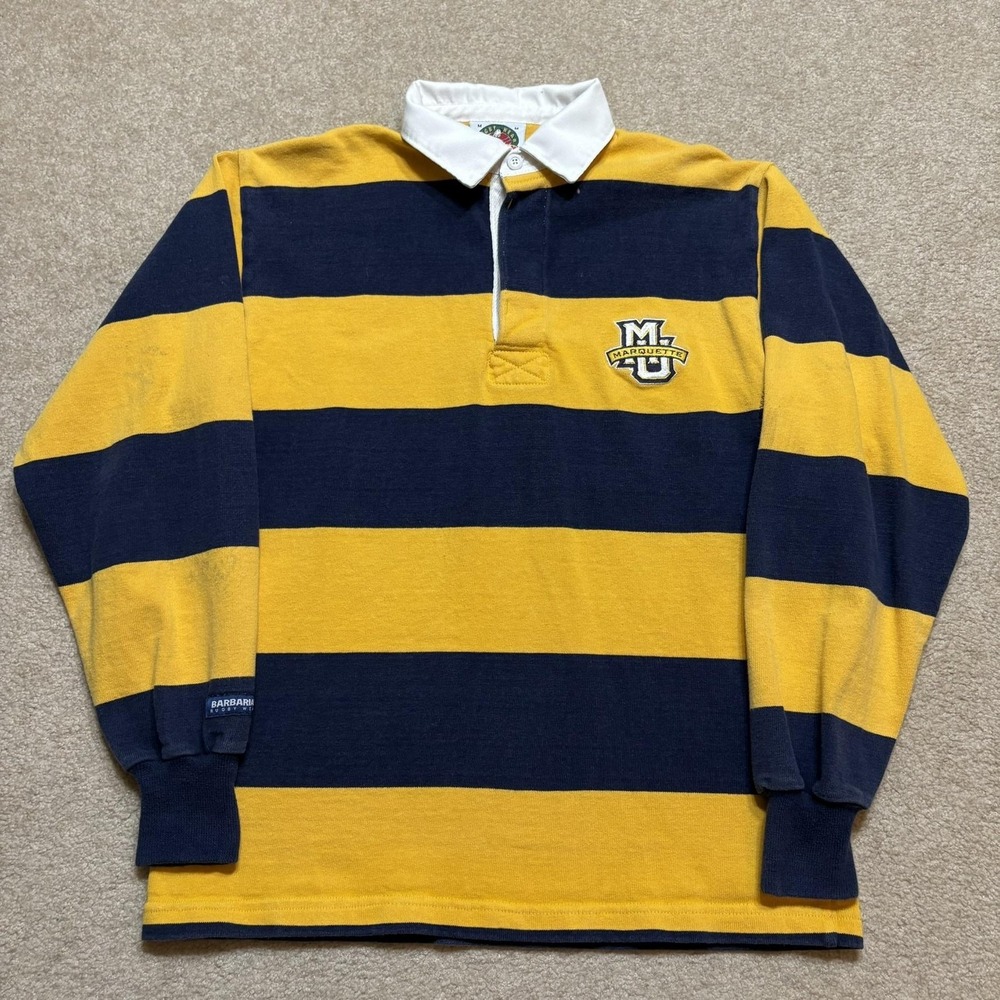 Marquette Golden Eagles Rugby Shirt Mens Medium Blue Striped Polo LS Barbarian